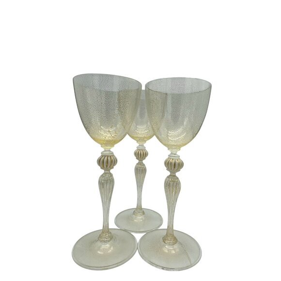 Venetian Vintage Clear Gold Flecked Hand Blown Goblets Set of Three - Picture 3 of 8
